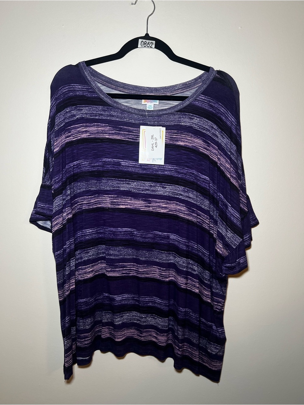 LuLaRoe Dahl Purple Striped Short Sleeve Tee